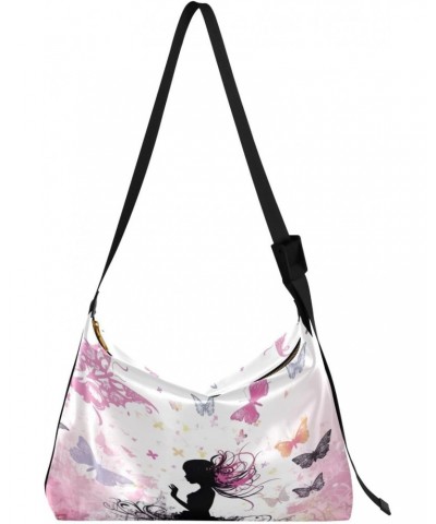 Fairy and Butterflies Pink Crossbody Bag Hobo Handbag Purse Fashion PU Leather Shoulder Bags for Women $19.03 Hobo Bags