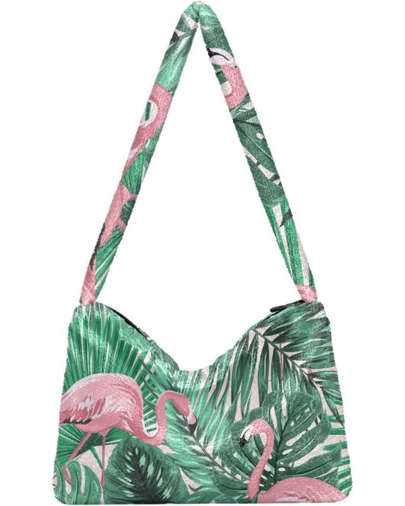 Tropical Pink Flamingo Shoulder Tote Bags for Women Furry Crossbody bag Hobo Handbag Purses for Travel College Work $8.82 Totes