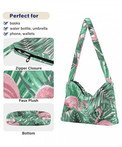 Tropical Pink Flamingo Shoulder Tote Bags for Women Furry Crossbody bag Hobo Handbag Purses for Travel College Work $8.82 Totes