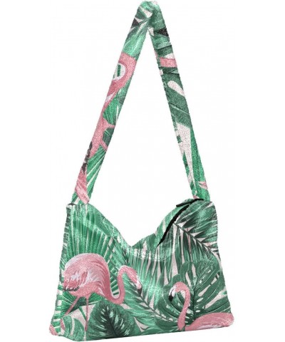 Tropical Pink Flamingo Shoulder Tote Bags for Women Furry Crossbody bag Hobo Handbag Purses for Travel College Work $8.82 Totes