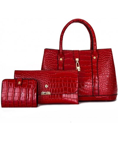 Women Handbag Fashion Crocodile Pattern Shoulder Bag Purple Wallet Card Hold 3-Piece Set Red $38.59 Totes