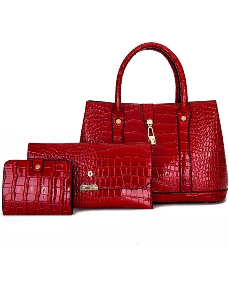 Women Handbag Fashion Crocodile Pattern Shoulder Bag Purple Wallet Card Hold 3-Piece Set Red $38.59 Totes