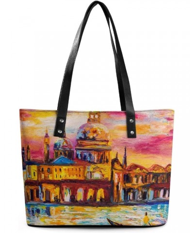 Womens Handbag Venice Landscape Leather Tote Bag Top Handle Satchel Bags For Lady $15.40 Totes