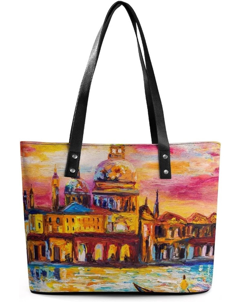 Womens Handbag Venice Landscape Leather Tote Bag Top Handle Satchel Bags For Lady $15.40 Totes