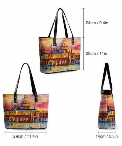 Womens Handbag Venice Landscape Leather Tote Bag Top Handle Satchel Bags For Lady $15.40 Totes