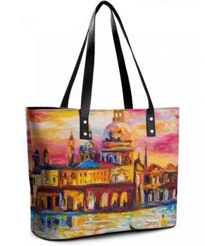 Womens Handbag Venice Landscape Leather Tote Bag Top Handle Satchel Bags For Lady $15.40 Totes