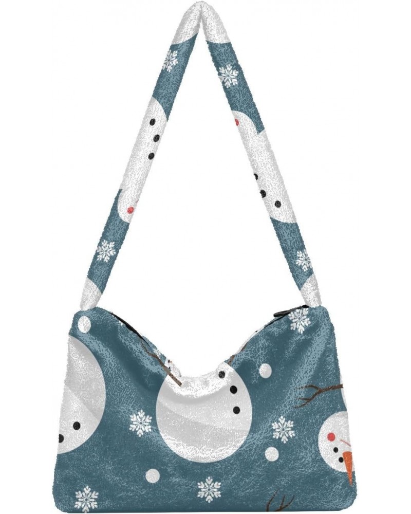 Happy Snowman Snowflakes Furry Tote Bag for Women Crossbody Bag Shoulder Purse Handbag Casual Handbags with Zipper for Fall $...