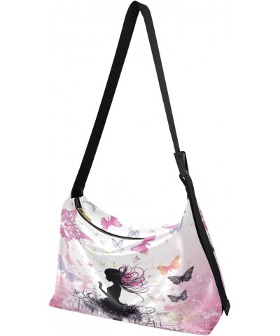 Fairy and Butterflies Pink Crossbody Bag Hobo Handbag Purse Fashion PU Leather Shoulder Bags for Women $19.03 Hobo Bags