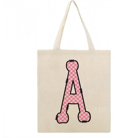 Pink Buffalo Plaid Alphabet Monogram Letter Initial E Canvas Tote Bag with Handle Cute Book Bag Shopping Shoulder Bag for Wom...