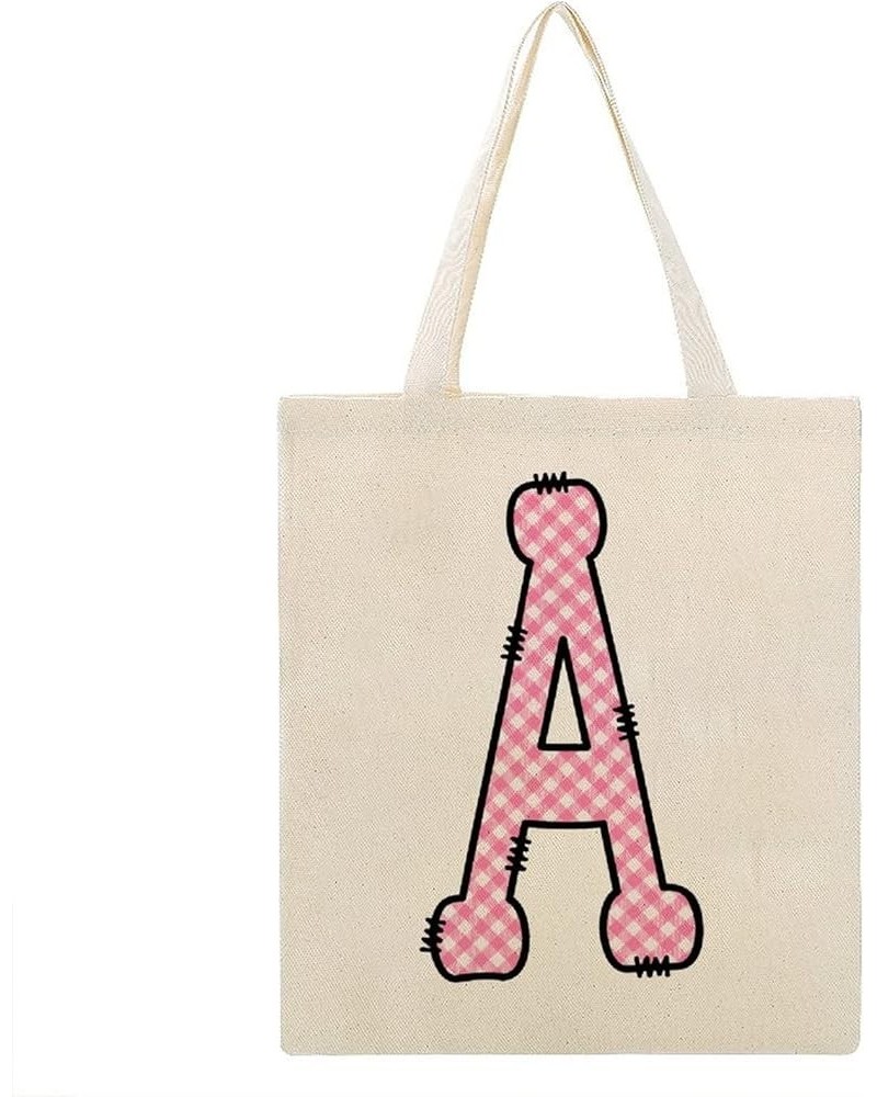 Pink Buffalo Plaid Alphabet Monogram Letter Initial E Canvas Tote Bag with Handle Cute Book Bag Shopping Shoulder Bag for Wom...