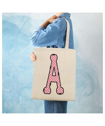 Pink Buffalo Plaid Alphabet Monogram Letter Initial E Canvas Tote Bag with Handle Cute Book Bag Shopping Shoulder Bag for Wom...