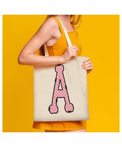 Pink Buffalo Plaid Alphabet Monogram Letter Initial E Canvas Tote Bag with Handle Cute Book Bag Shopping Shoulder Bag for Wom...