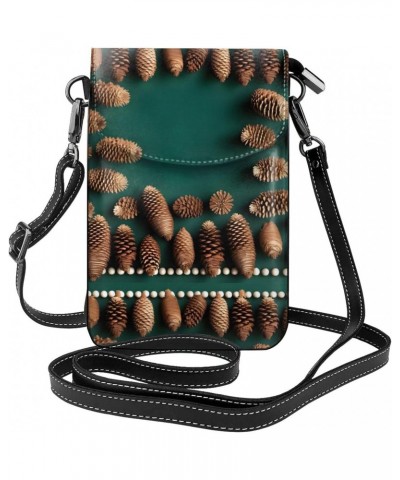 Pine Cone Border Leather Cross Body Flip Phone Bag With Detachable Shoulder Straps, Used For Travel, Dating, Holiday Gifts $1...