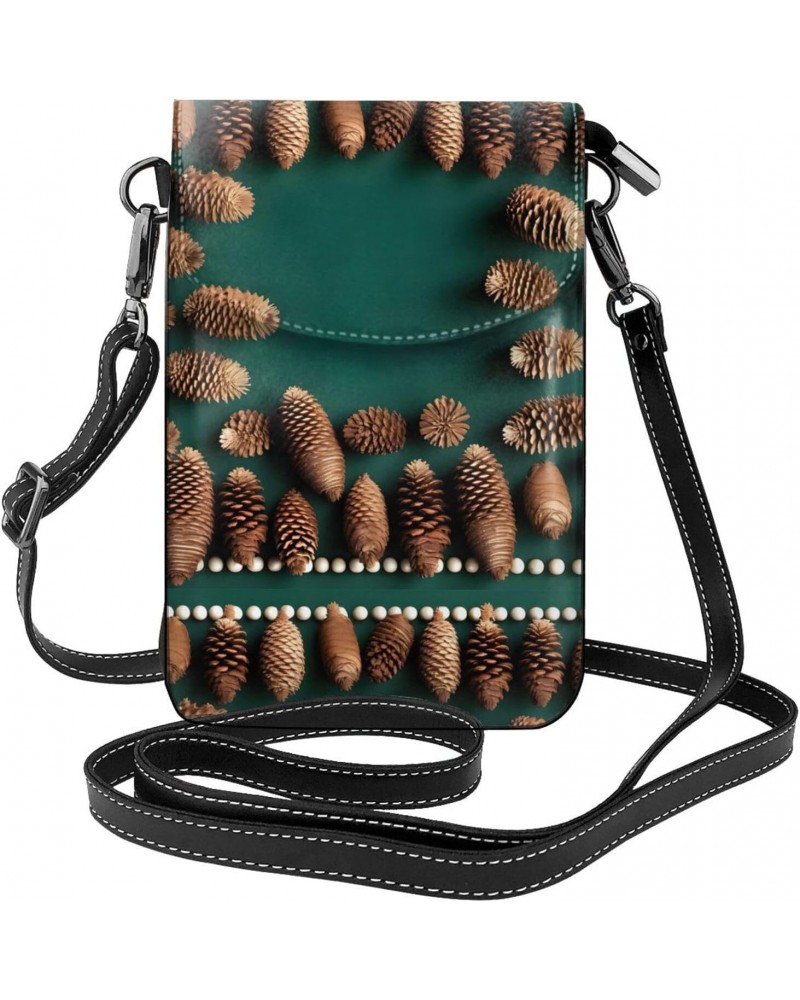 Pine Cone Border Leather Cross Body Flip Phone Bag With Detachable Shoulder Straps, Used For Travel, Dating, Holiday Gifts $1...