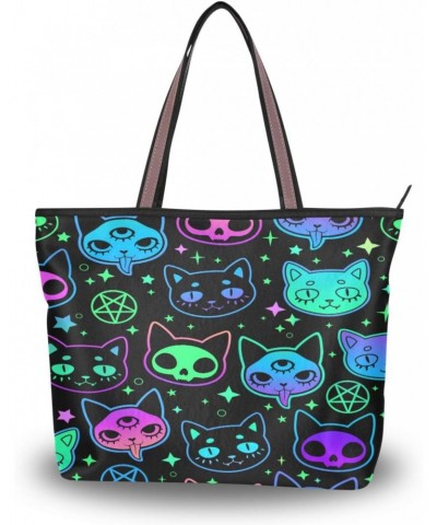 Womens Tote Bag, Cute Cat Witchcraft Moon Star Ladies Zip Shoulder Handbags $12.00 Shoulder Bags