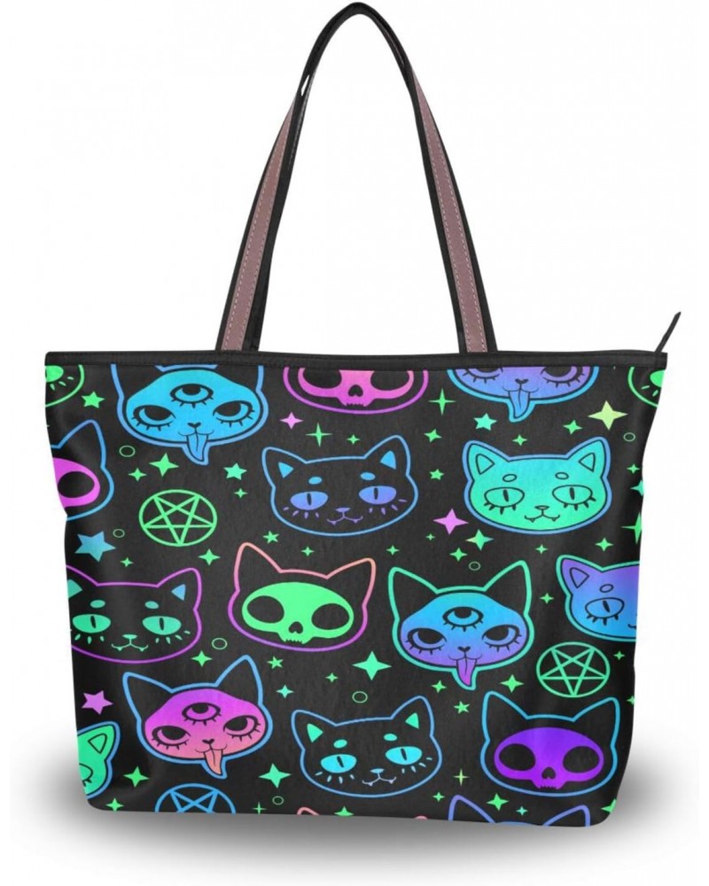 Womens Tote Bag, Cute Cat Witchcraft Moon Star Ladies Zip Shoulder Handbags $12.00 Shoulder Bags