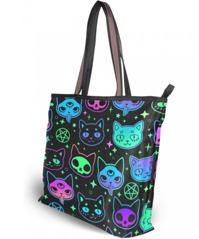 Womens Tote Bag, Cute Cat Witchcraft Moon Star Ladies Zip Shoulder Handbags $12.00 Shoulder Bags