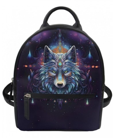 Women Galaxy Wolf Print Mini Backpack PU Leather Small Daypack Zipper Pocket Shoulder Bag,Black Wolf Galaxy Blue Wolf $19.24 ...