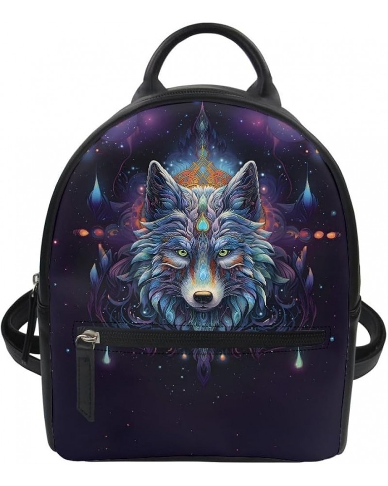 Women Galaxy Wolf Print Mini Backpack PU Leather Small Daypack Zipper Pocket Shoulder Bag,Black Wolf Galaxy Blue Wolf $19.24 ...