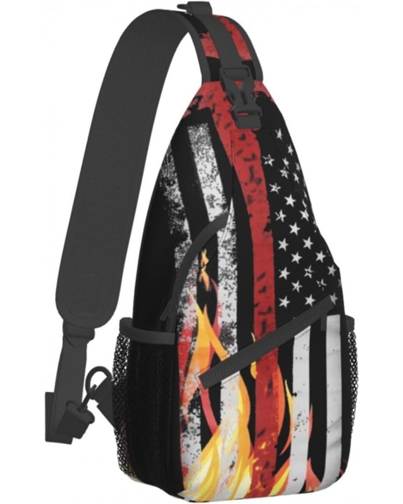 Sling Backpack Firefighter Red Thin Flag Travel Hiking Daypack Crossbody Shoulder Bag $14.27 Backpacks