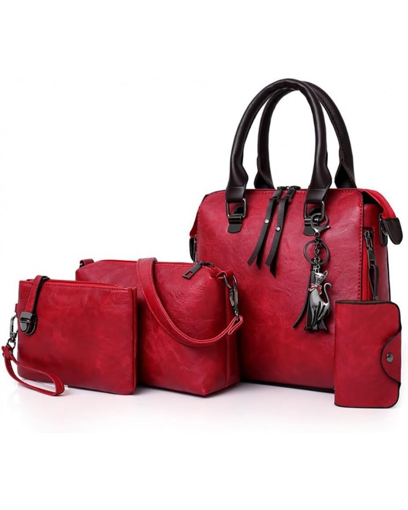 Women Vintage Handbags Large Capacity Leather Wallet Tote Bag Shoulder Bag Top Handle Satchel Purse Set 4pcs Red $13.23 Handbags