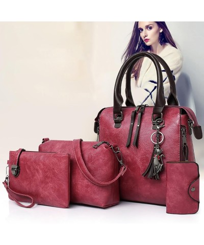 Women Vintage Handbags Large Capacity Leather Wallet Tote Bag Shoulder Bag Top Handle Satchel Purse Set 4pcs Red $13.23 Handbags