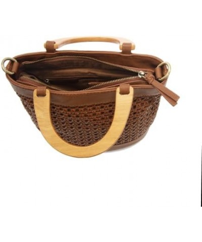 Womens Fashion Purse Havana Faux Cane Wood Handle Handbag 604 - Cognac $35.70 Handbags