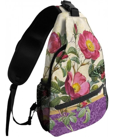 Sling Bag Crossbody Bag for Women Men Vintage Botanical Pink Flower and Butterfly Waterproof Hiking Backpack Lightweight Ches...