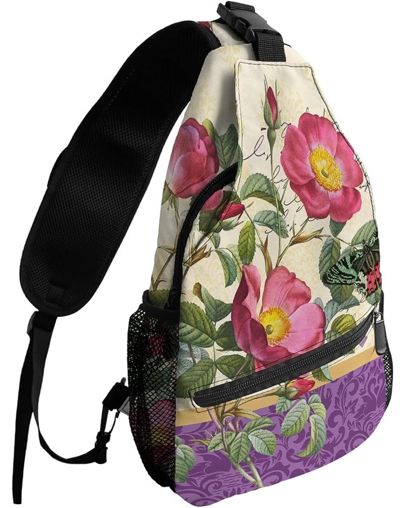 Sling Bag Crossbody Bag for Women Men Vintage Botanical Pink Flower and Butterfly Waterproof Hiking Backpack Lightweight Ches...