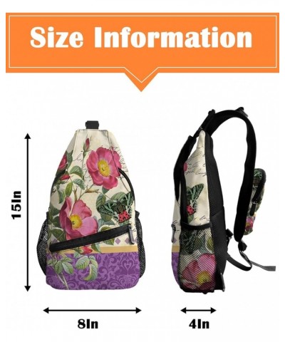 Sling Bag Crossbody Bag for Women Men Vintage Botanical Pink Flower and Butterfly Waterproof Hiking Backpack Lightweight Ches...