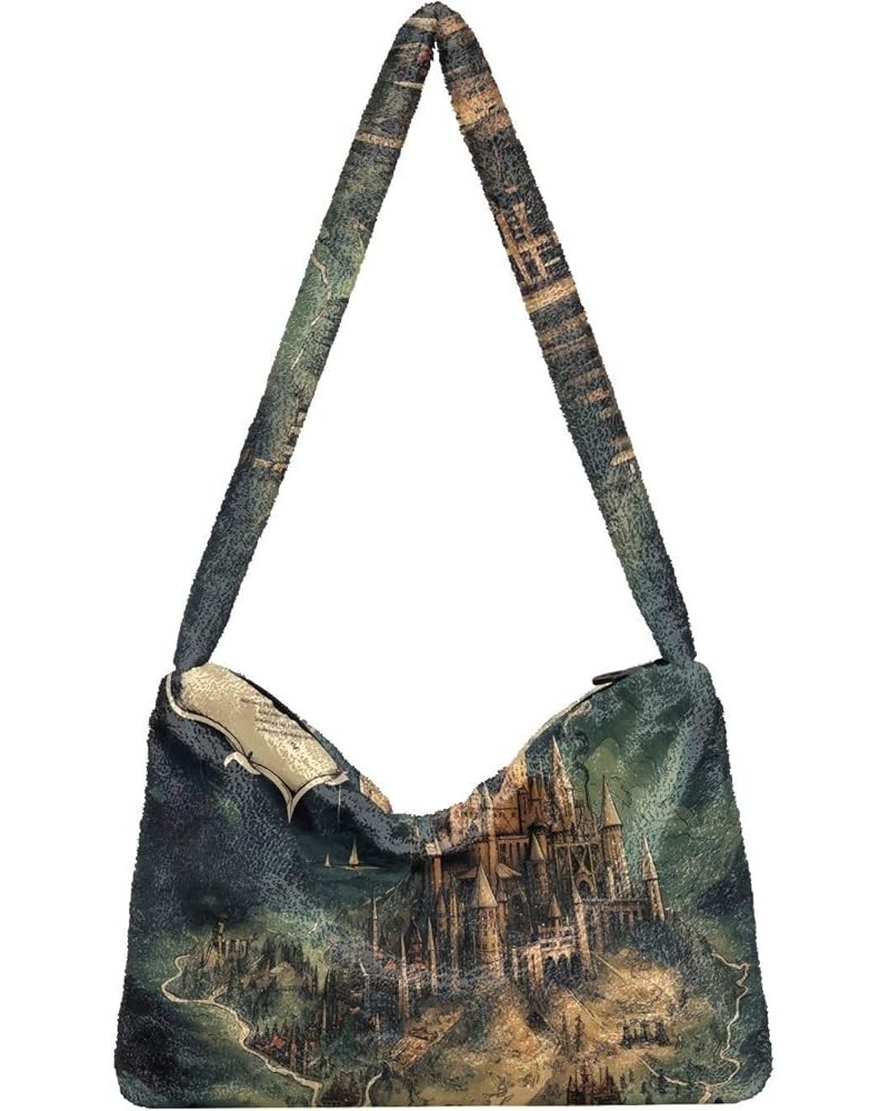 Floral Roses Watercolor Women Shoulder Bag, Book Tote Bag, Autumn Handbags Masterful Castle Map-3 $13.24 Totes