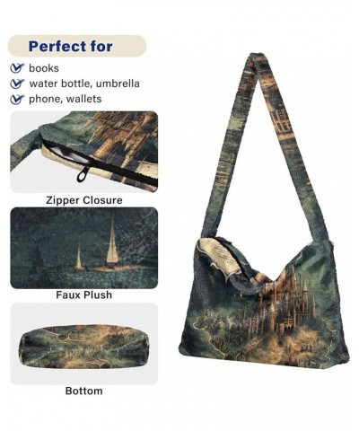 Floral Roses Watercolor Women Shoulder Bag, Book Tote Bag, Autumn Handbags Masterful Castle Map-3 $13.24 Totes