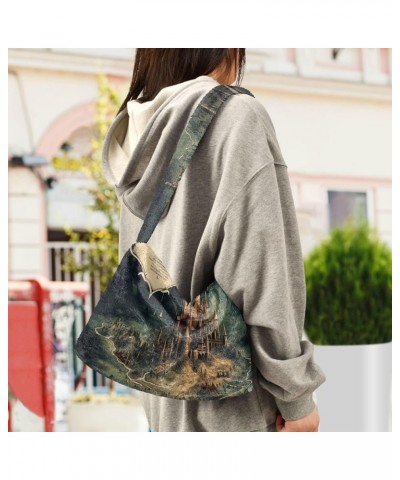 Floral Roses Watercolor Women Shoulder Bag, Book Tote Bag, Autumn Handbags Masterful Castle Map-3 $13.24 Totes