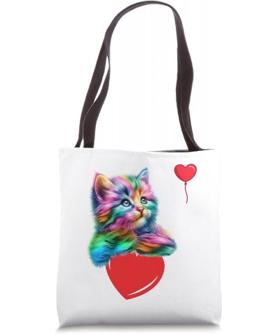 Rainbow Cat Shirt Hugging Heart Kitty Love For Cat Lovers Tote Bag $10.92 Totes