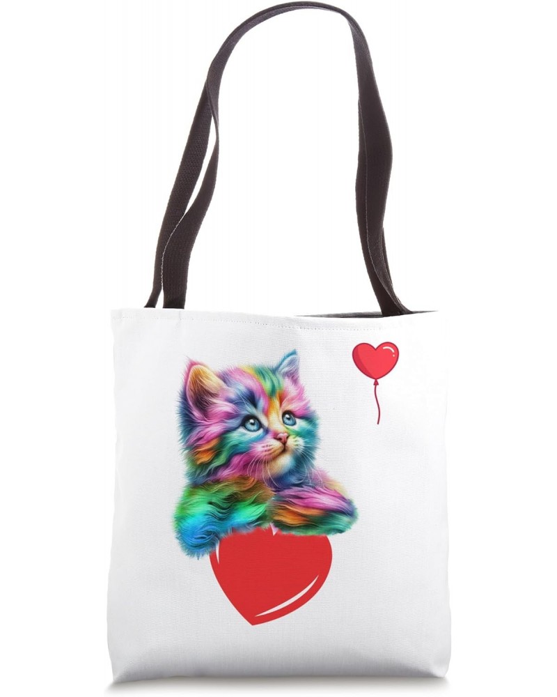 Rainbow Cat Shirt Hugging Heart Kitty Love For Cat Lovers Tote Bag $10.92 Totes