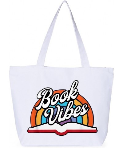 Book Vibes Zippered Tote Bag - Book Inspired Stuff - Book Aesthetic Bag White $15.18 Totes