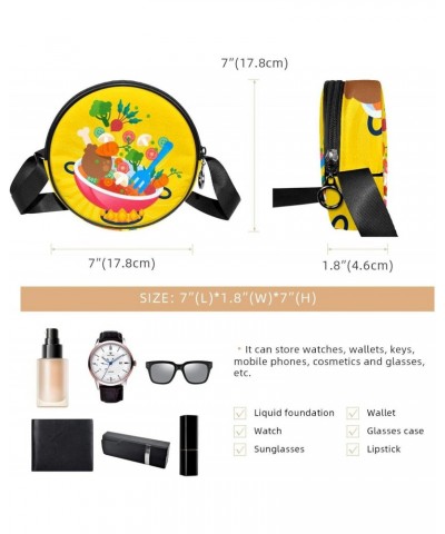 Funny Cartoon Vegrtables Cooking Pot Gas Stove Crossbody Bag for Women Teen Girls Round Canvas Shoulder Bag Purse Tote Handba...