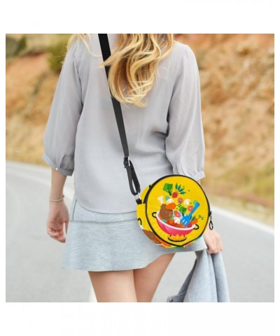 Funny Cartoon Vegrtables Cooking Pot Gas Stove Crossbody Bag for Women Teen Girls Round Canvas Shoulder Bag Purse Tote Handba...