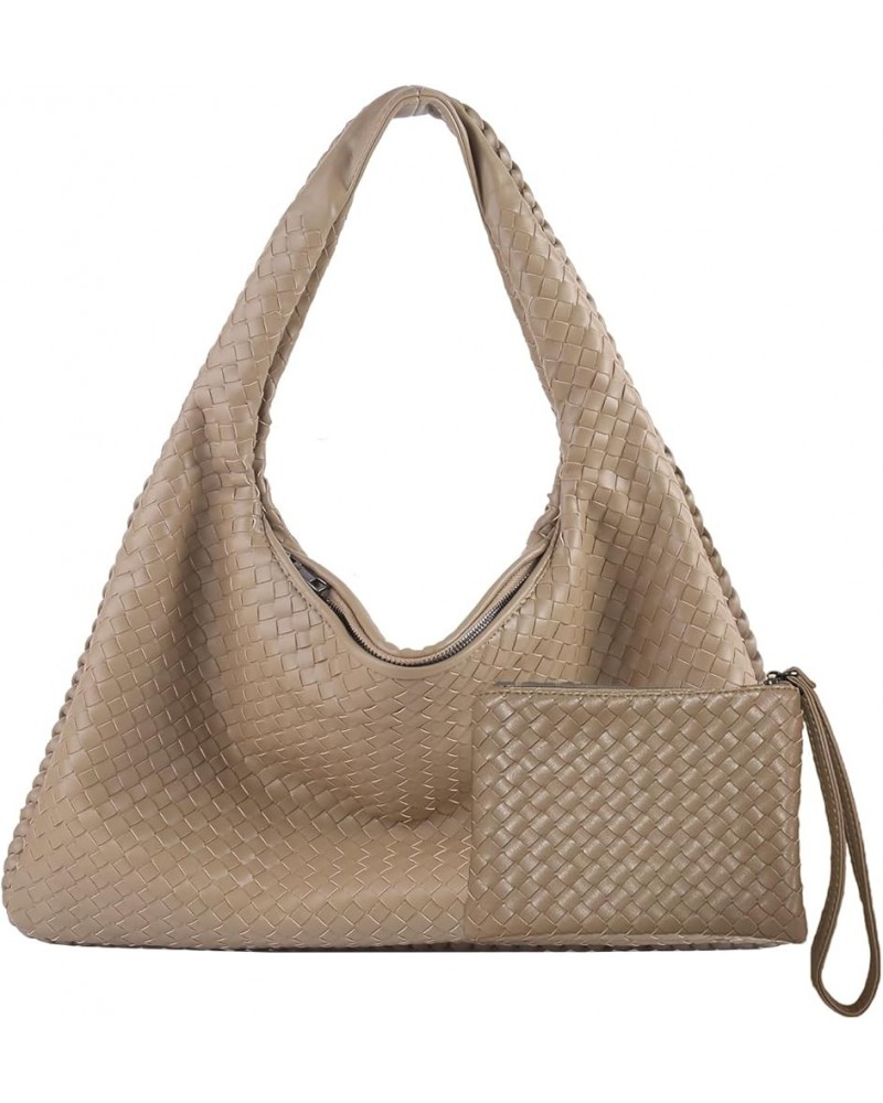 Woven Leather Hobo Bag With Purse for Women Top-handle Shoulder Bag, Tote Bags for Women Large Capacity Soft Handbag Khaki $7...