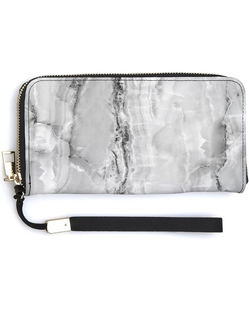 Black White Rip Marble Agate Stone Texture Long Clutch Wallet, Long Handbag with Removable Wristlet Strap, PU Leather Zip Pur...