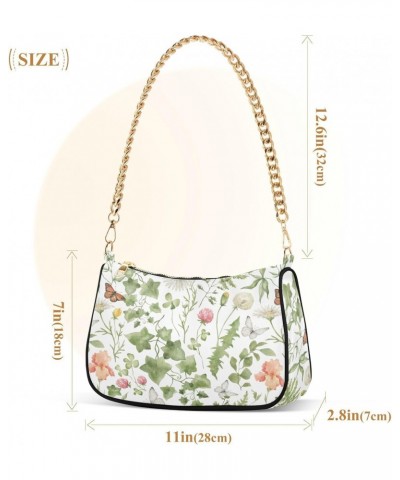 Watercolor Flowers Leaves Shoulder Bag for Women Clutch Shoulder Purse Chain Bag with Zipper Closure Women's Tote Hobo Handba...