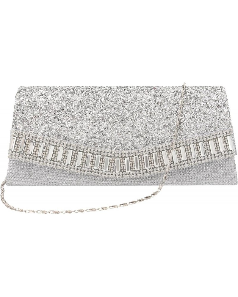 Flap Dazzling Clutch Bag Evening Bag With Detachable Chain Silver Rhinestone $13.56 Evening Bags