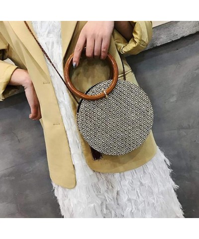 Fashion Women Retro Weave Tassel Bucket Bag Crossbody Bag Round Bohemia Beach Summer Shoulder Bag Khaki $14.50 Handbags