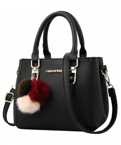 Women Pu Hairball Pendant Top Handle Bag Shoulder Bag Shopping Handbag Black $22.78 Shoulder Bags