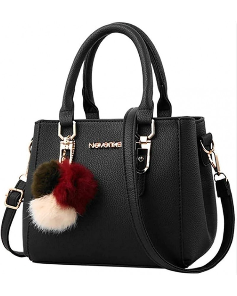 Women Pu Hairball Pendant Top Handle Bag Shoulder Bag Shopping Handbag Black $22.78 Shoulder Bags