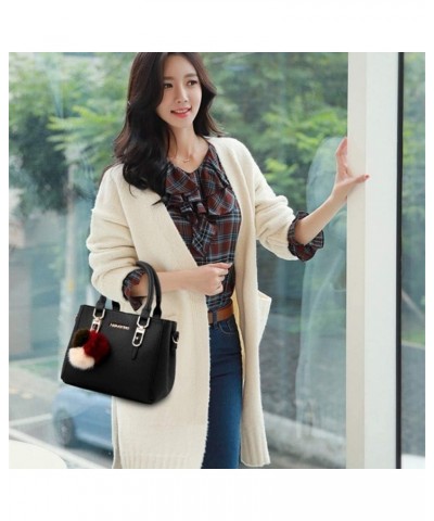 Women Pu Hairball Pendant Top Handle Bag Shoulder Bag Shopping Handbag Black $22.78 Shoulder Bags