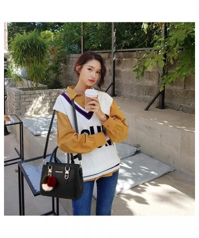 Women Pu Hairball Pendant Top Handle Bag Shoulder Bag Shopping Handbag Black $22.78 Shoulder Bags