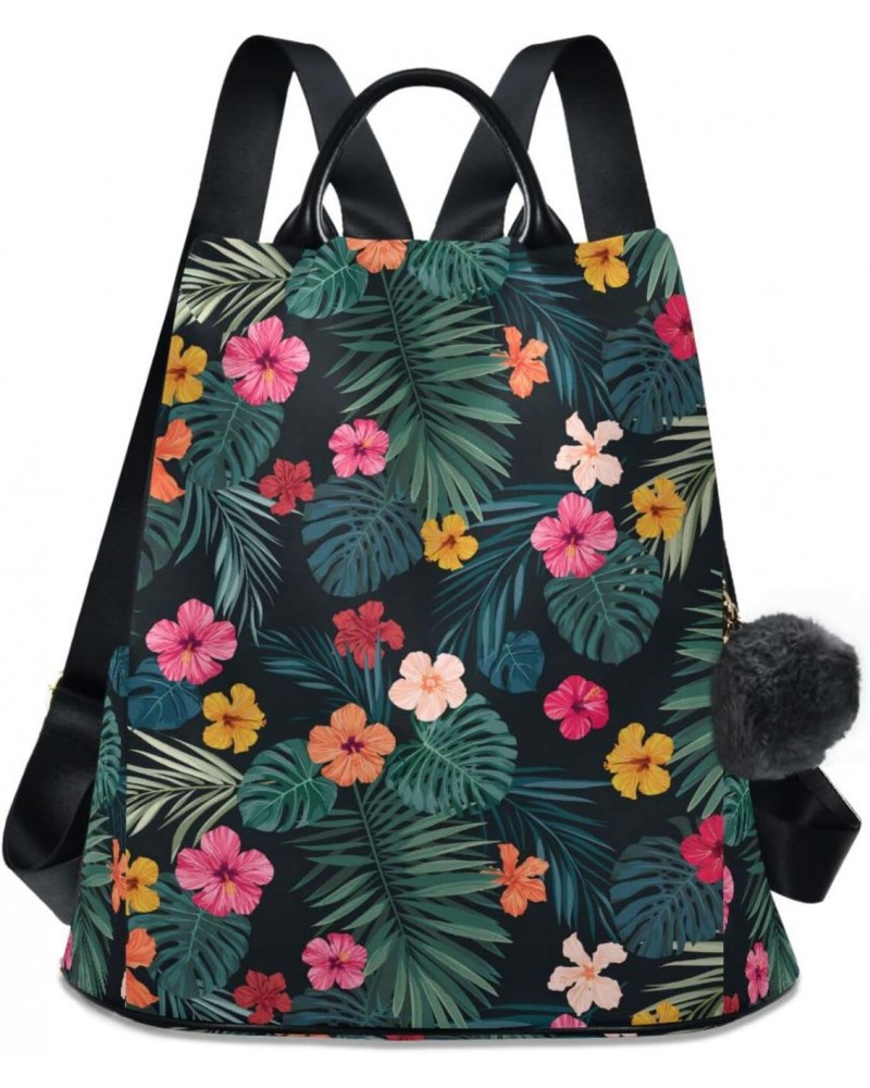 Bright Hibiscus Flowers and Palm Leaves Backpack Purse for Women Fashion Ladies Shoulder Bags Large Travel Bag $23.99 Backpacks