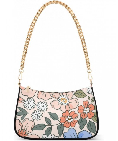 Women Chain Shoulder Purse Bag With Zipper Cartoon Flower Pattern Print, Childish Floral Hobo Tote Clutch Handbags with Chain...