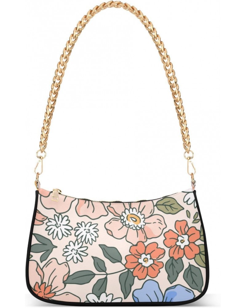 Women Chain Shoulder Purse Bag With Zipper Cartoon Flower Pattern Print, Childish Floral Hobo Tote Clutch Handbags with Chain...